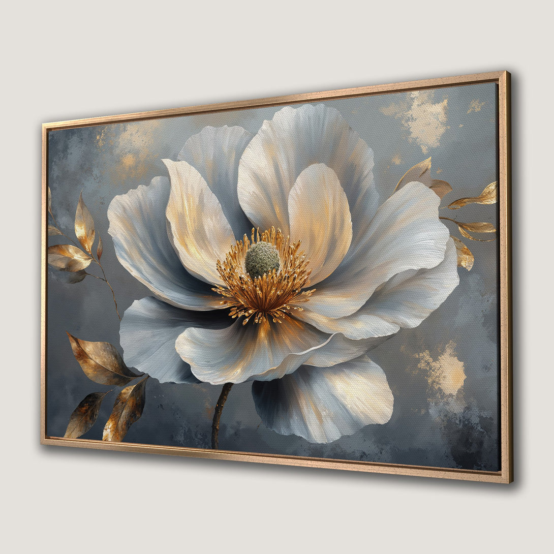 Framed Wall Art featuring a stunning white flower with gold accents on a gray background. Elegant floral canvas print for your home decor.