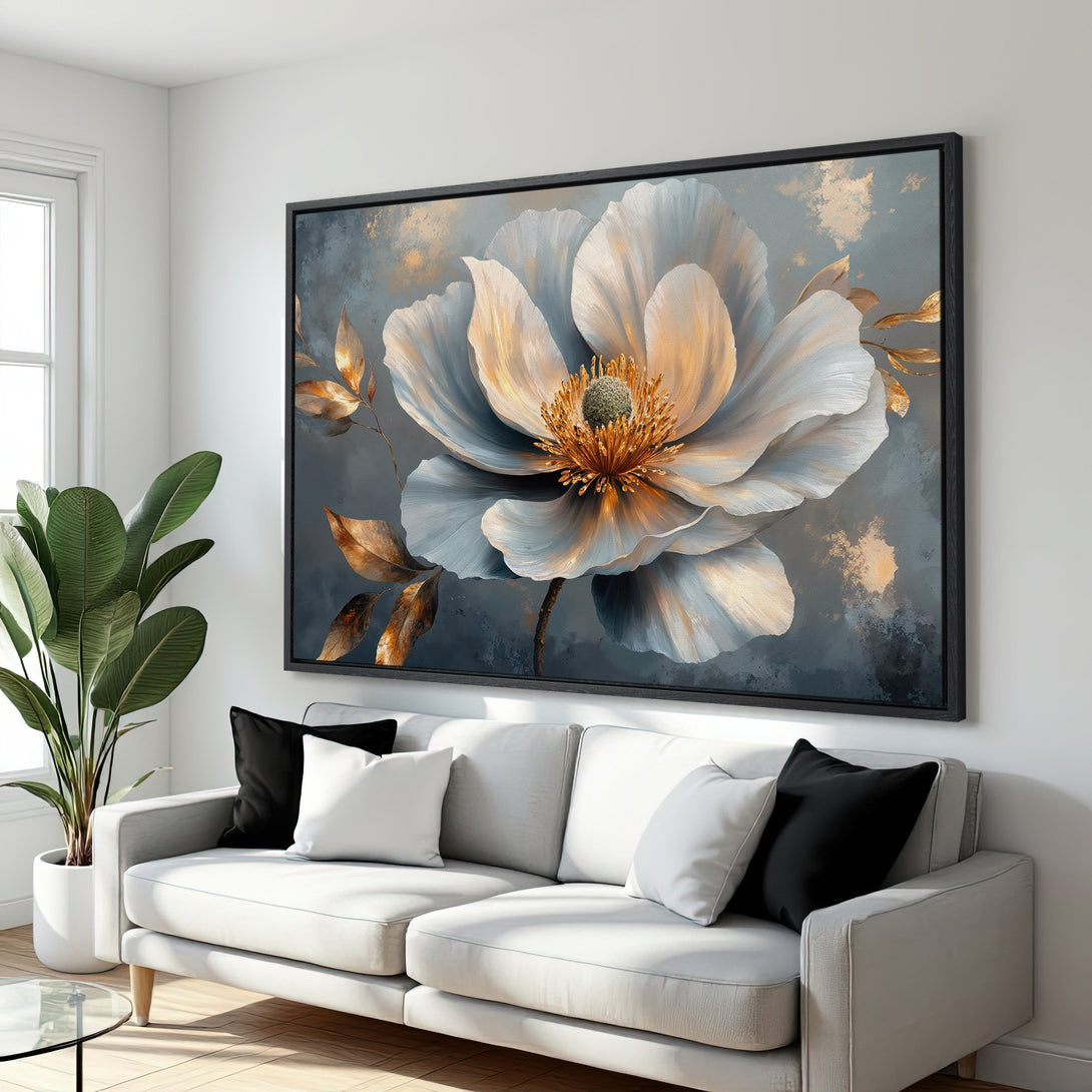 Framed Wall Art: Elegant floral Canvas Print with a blue, gold, and grey color palette. Modern art to elevate your home decor.
