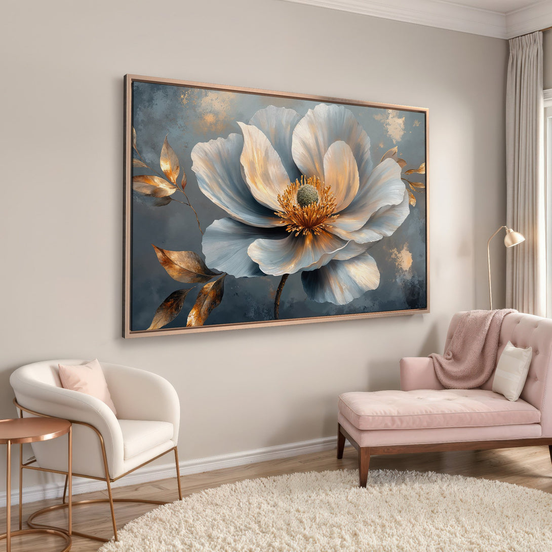Framed Wall Art: Elegant floral Canvas Print in blue, gold, and neutral tones. Perfect for adding a touch of sophistication to any space.