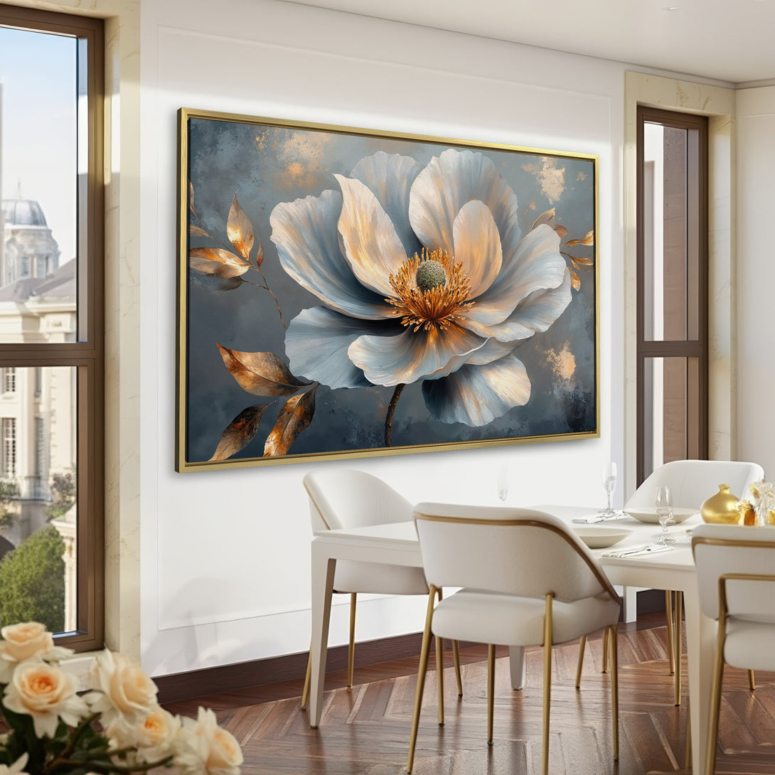 Canvas Print of a large floral painting in neutral tones with gold accents. Modern wall art for elegant home decor.