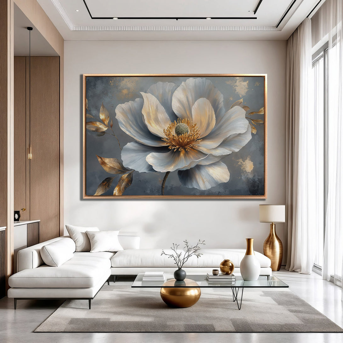 Framed Wall Art: Elegant floral print in neutral tones with gold accents. Modern canvas art for sophisticated home decor.