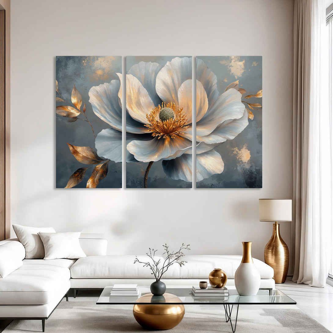 Elegant Canvas Print of a large floral painting in a modern interior. Features a blue, gold, and white color palette, perfect for home decor.