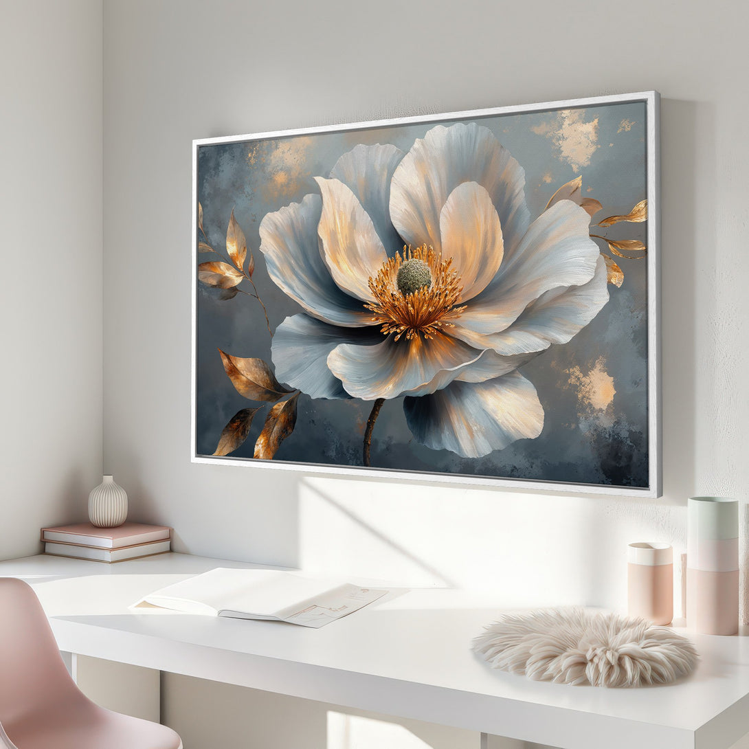 Framed Wall Art: Elegant floral Canvas Print in muted blues, golds, and grays. Modern botanical art for a stylish interior.