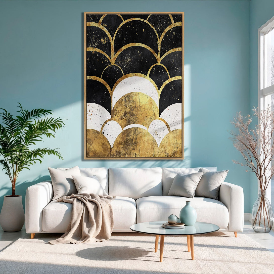 Framed Wall Art: Abstract gold & black art print in a modern living room, featuring a teal wall and neutral decor. Elevate your space!