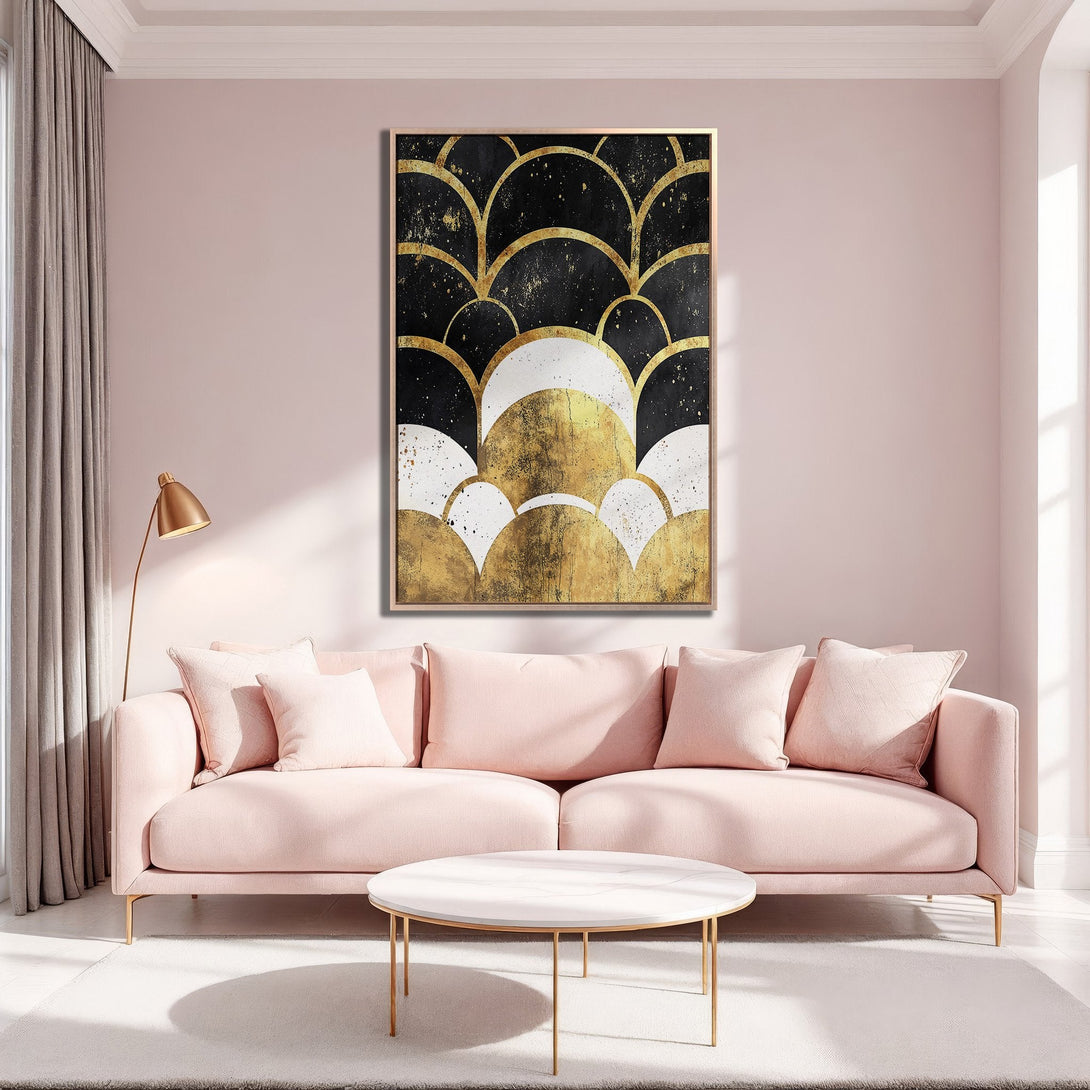 Framed Wall Art: Abstract gold and black art print in a modern living room. Features a geometric design with a blush pink and gold color palette.