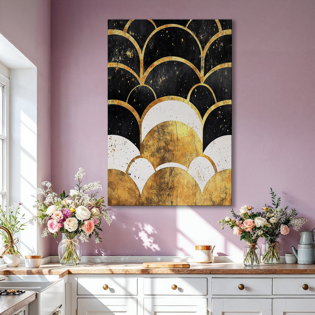 Framed Wall Art: Abstract gold and black geometric design canvas print. Modern art decor for living room. Adds a touch of luxury to your space.