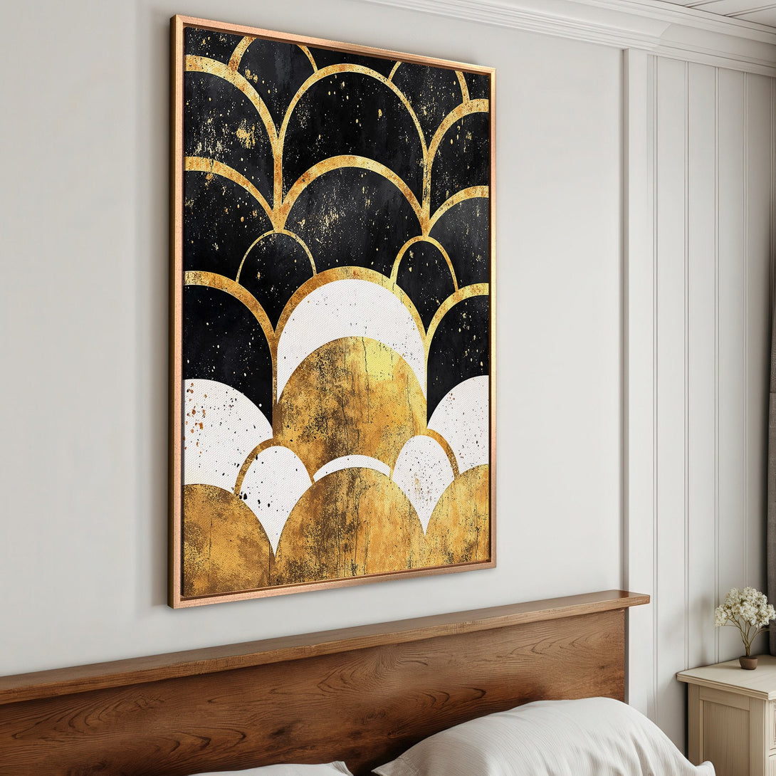 Framed Wall Art: Abstract gold and black art deco design Canvas Print. Modern art with a luxurious gold and black color palette. Perfect for any room!