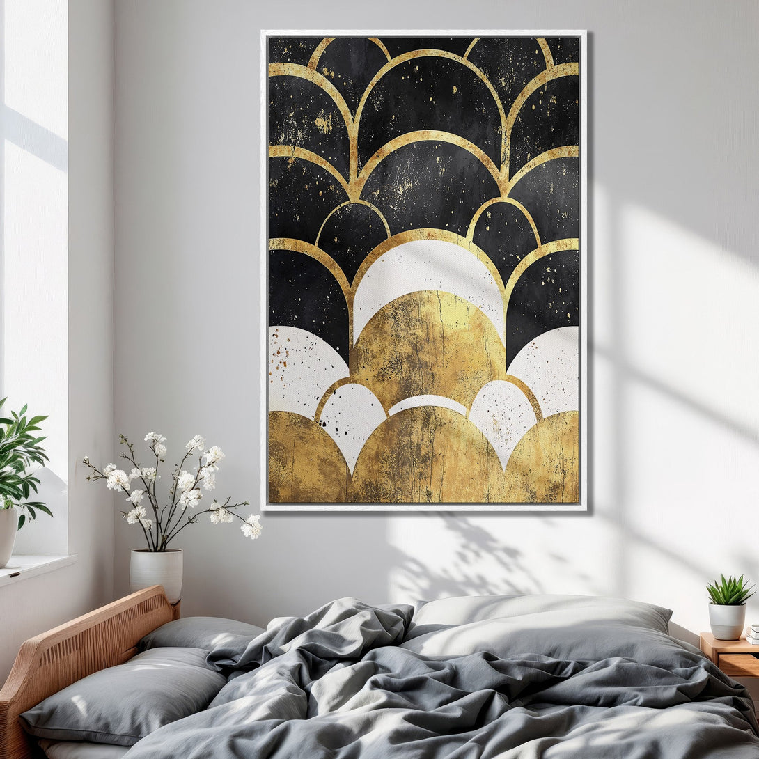Framed Wall Art featuring an Art Deco design with gold, black, and white colors. Modern canvas print perfect for bedroom decor.