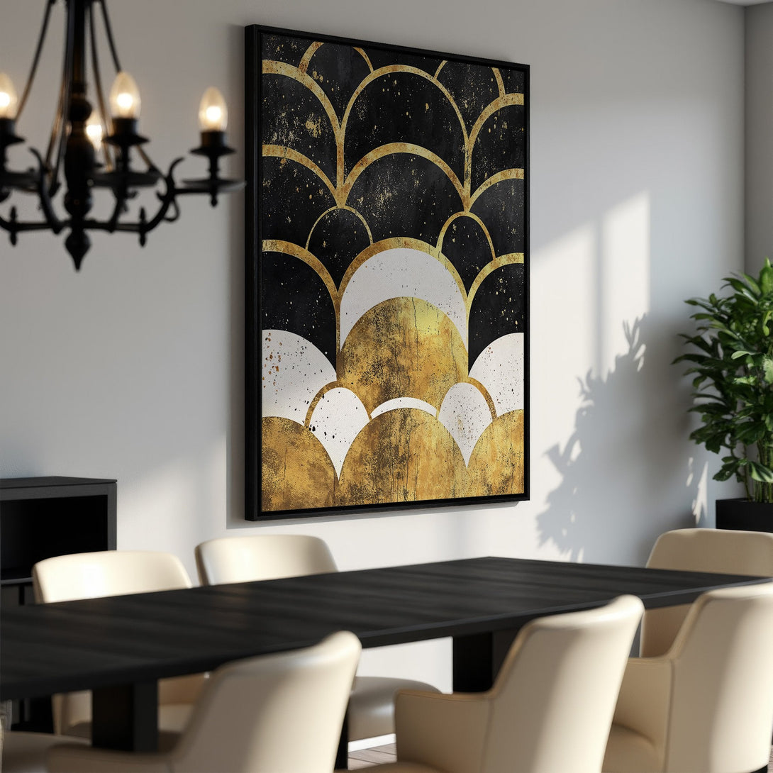 Framed Wall Art featuring a modern, abstract geometric design in black, gold, and white. Elevate your space with this stunning canvas print!