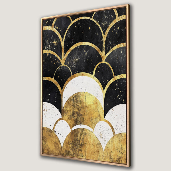 Framed Wall Art featuring an abstract Art Deco design in black, gold, and white. Modern Canvas Print for stylish home decor.
