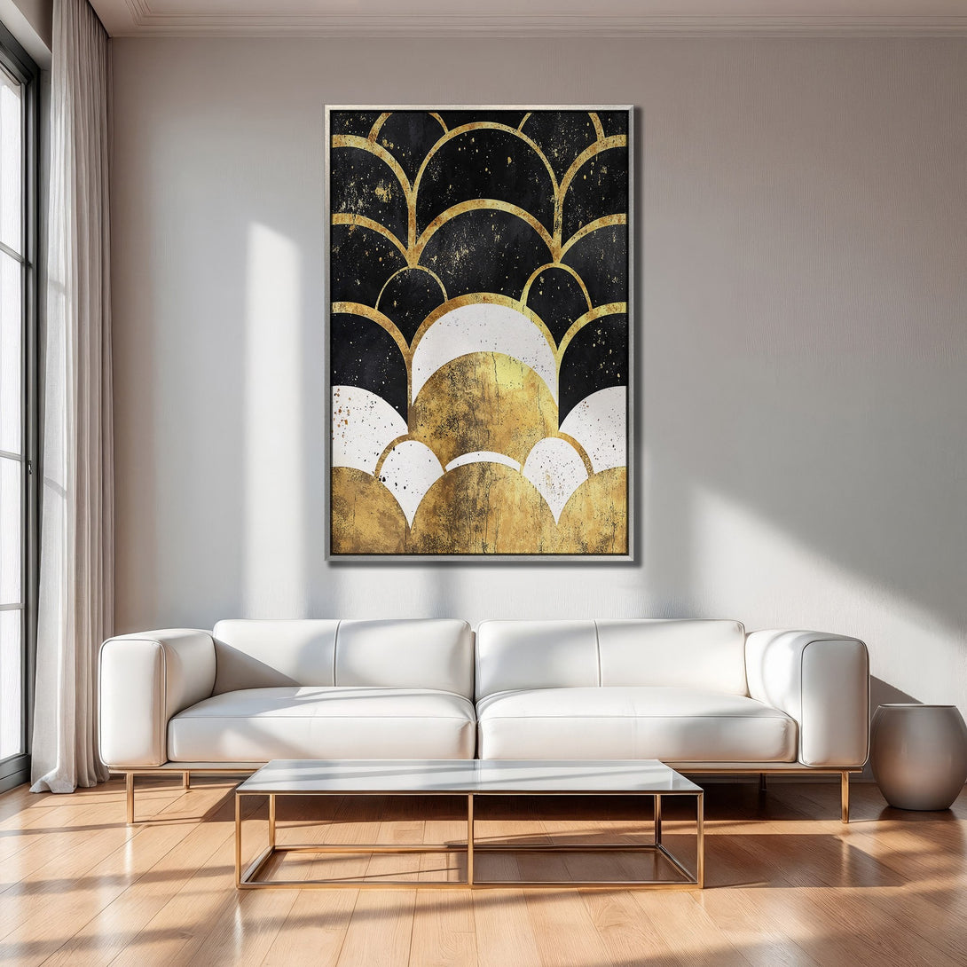 Framed Wall Art: Abstract black, gold, and white artwork. Modern, stylish Canvas Print with a luxurious, art deco inspired design. Perfect for home decor.