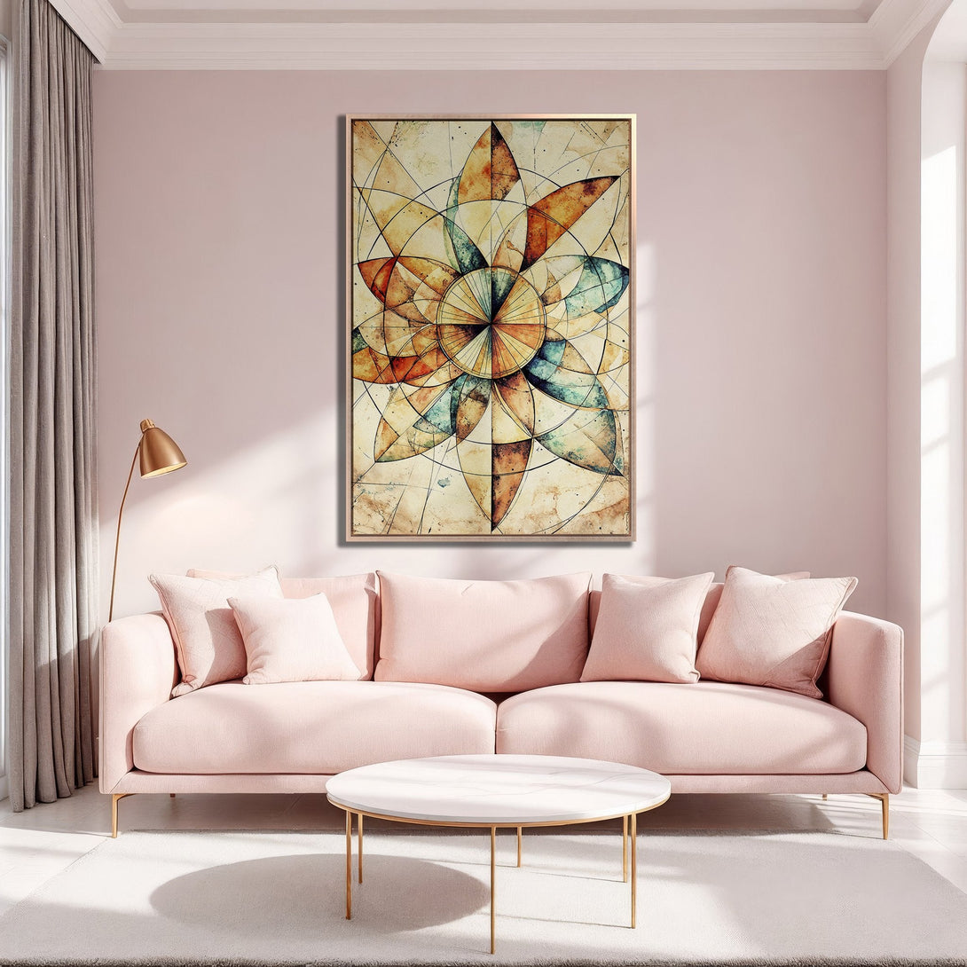 Framed Wall Art featuring an abstract geometric design in warm earth tones, displayed in a cozy, blush-toned living room. Elevate your space with this stunning piece!