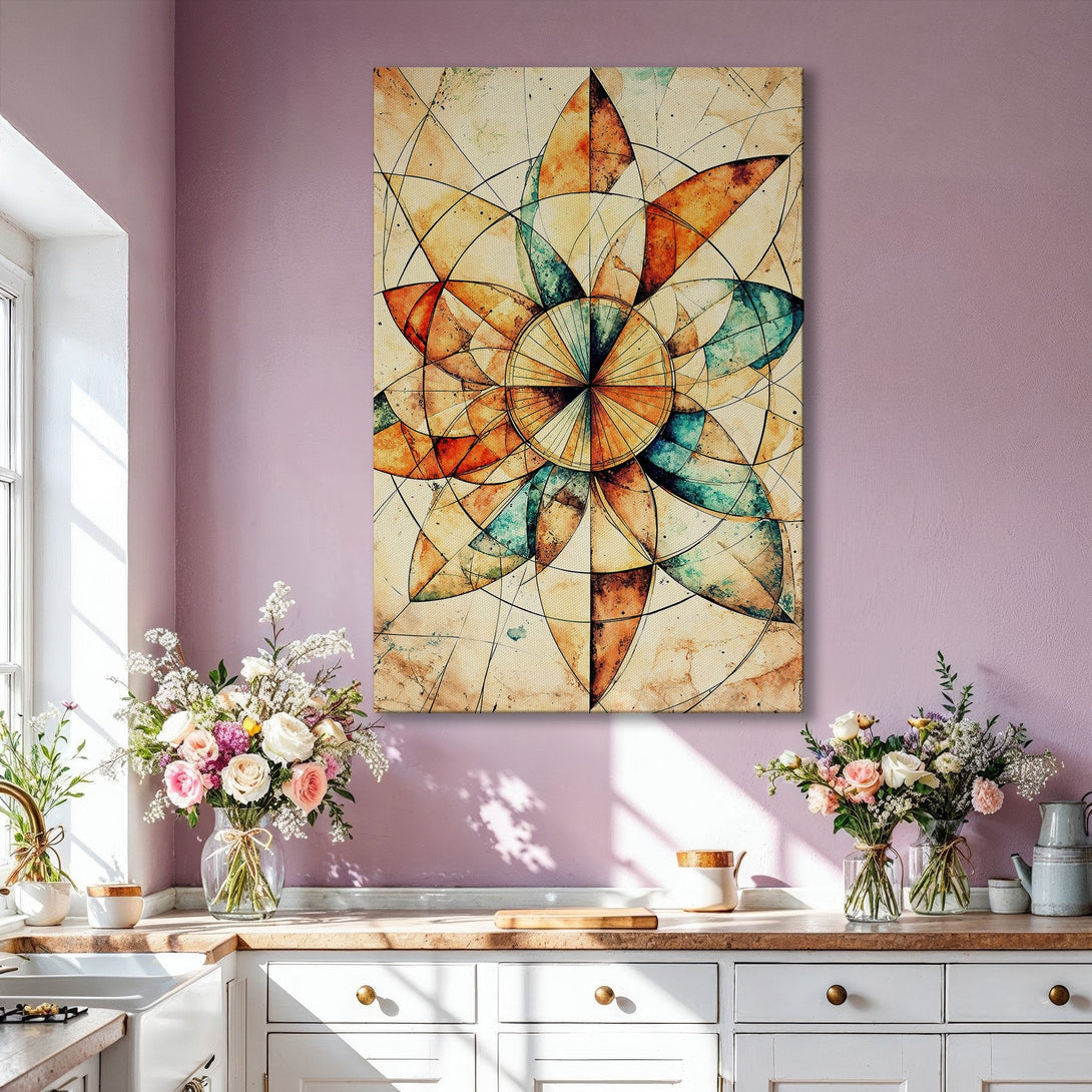 Framed Wall Art featuring an abstract geometric design in warm earth tones. Perfect for modern home decor, adds a touch of elegance and style to any living space.