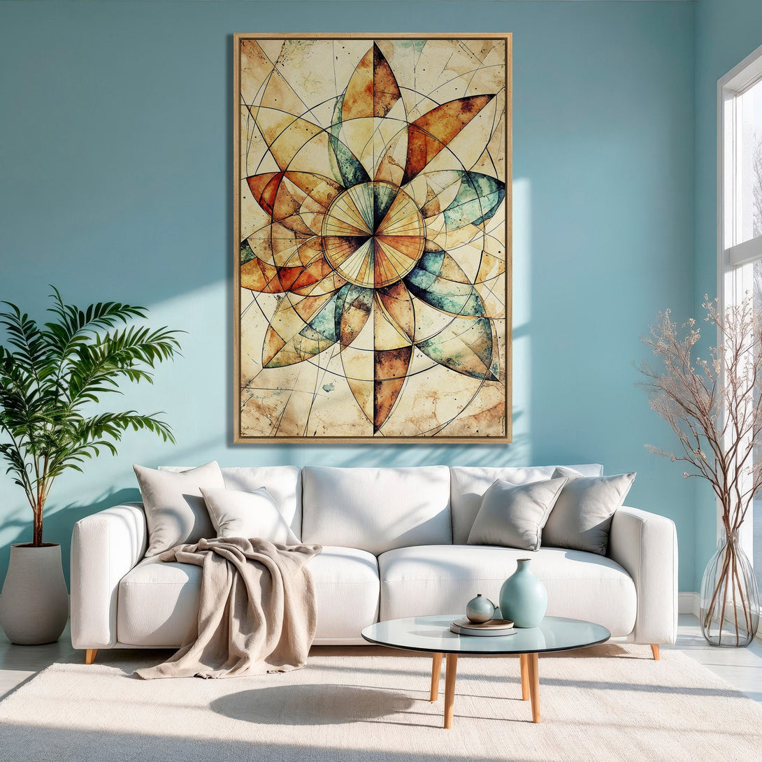 Framed Wall Art: Abstract geometric design in warm earth tones. Modern canvas print adds style to any living room. Neutral palette complements decor.