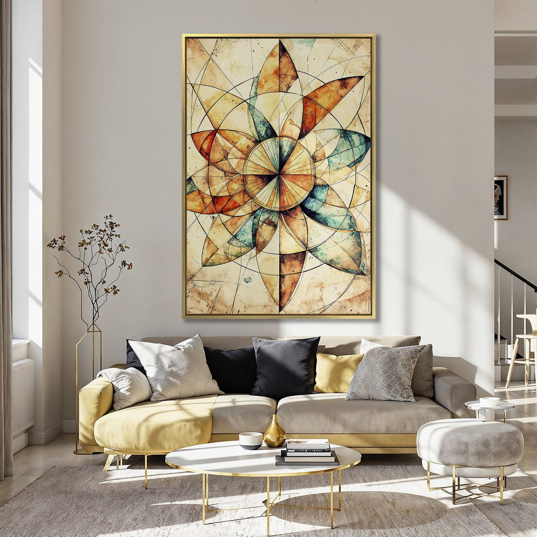 Abstract Canvas Print featuring a floral design in warm orange, teal, and beige tones. Perfect wall art for a stylish kitchen.