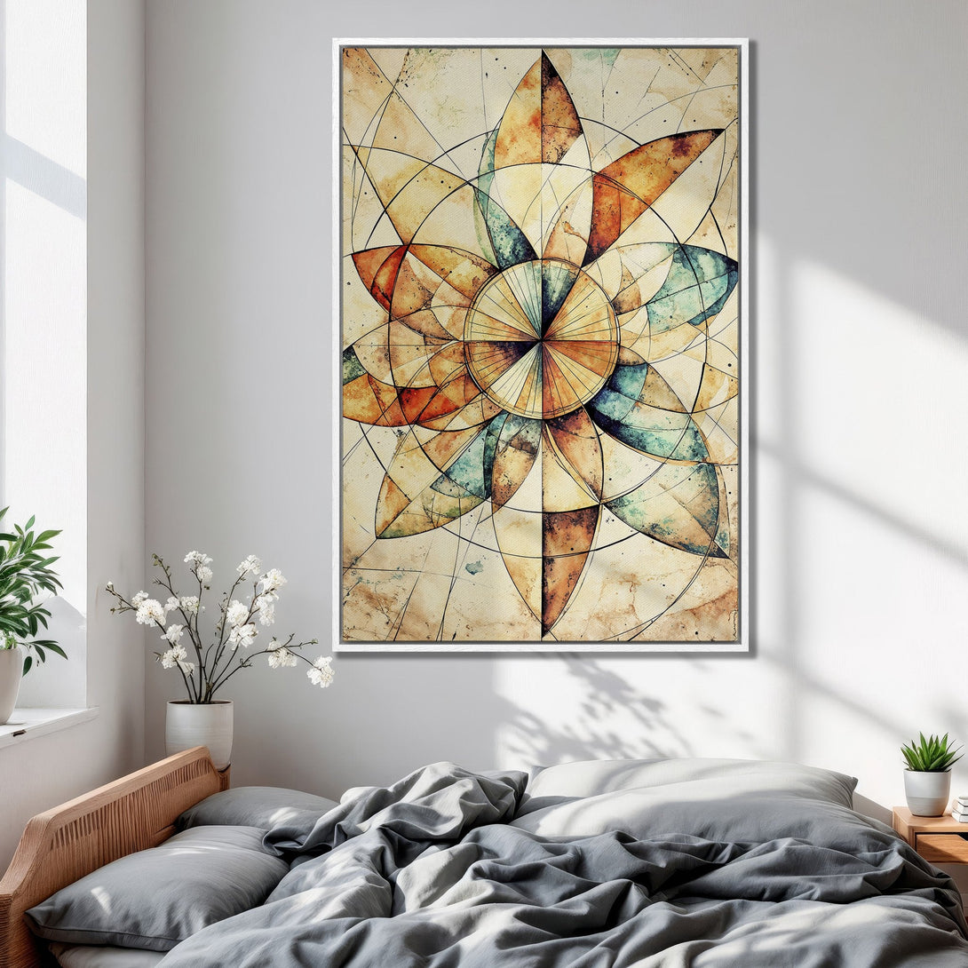 Framed Wall Art: Abstract floral design in warm earth tones. Modern canvas print adds a touch of elegance to any bedroom decor. Shop now!