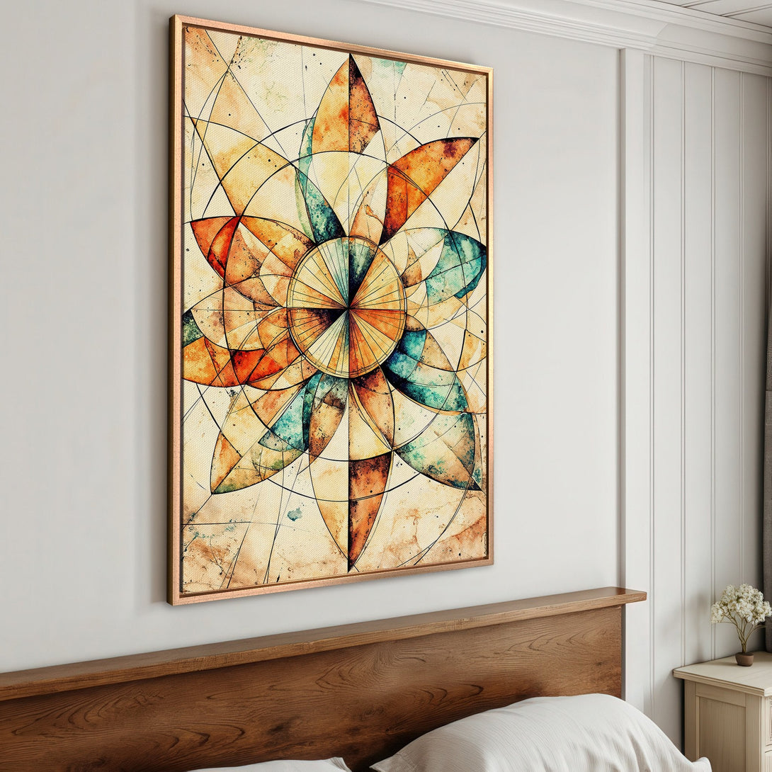 Framed Wall Art: Abstract floral design in warm orange, teal, and beige tones. Perfect for adding a touch of modern art to your bedroom decor.