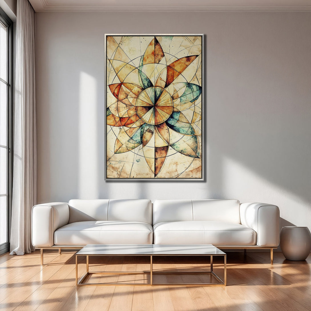 Framed Wall Art: Abstract floral design with warm earth tones and cool teal accents. Modern art canvas print adds a stylish touch to any living room.