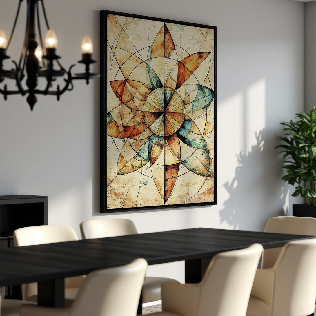 Framed Wall Art featuring an abstract floral design in warm earth tones. Perfect for adding a touch of modern art to your dining room.