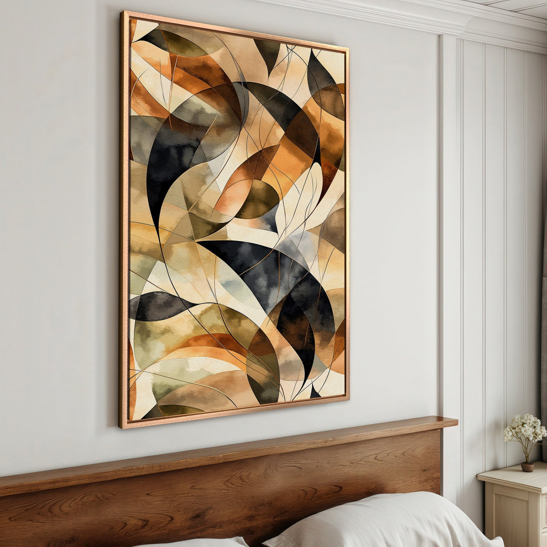 Framed Wall Art: Abstract watercolor print in warm earth tones. Modern art for bedroom decor. Canvas print with gold frame.