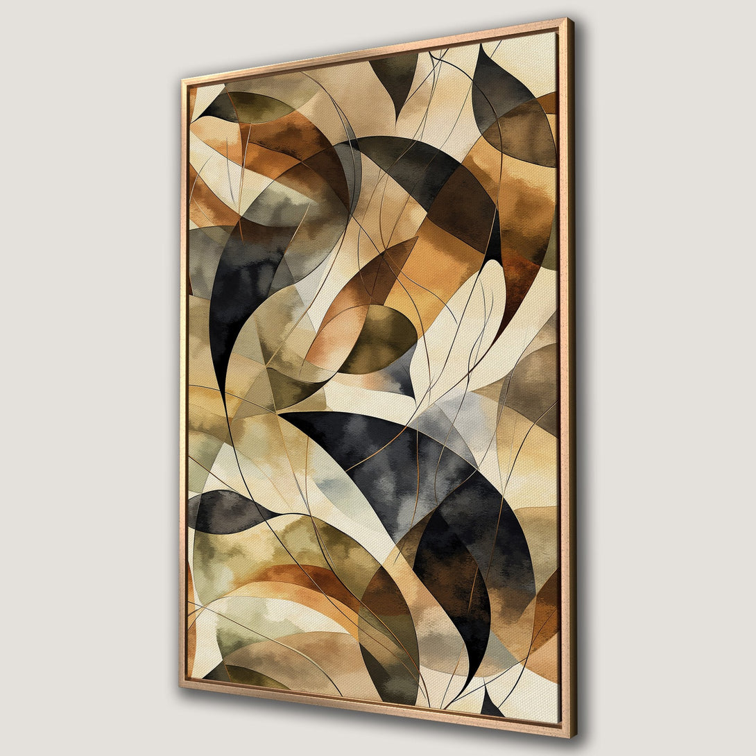 Framed Wall Art featuring an abstract geometric design in earthy tones of brown, beige, and black. Modern art for your home decor.