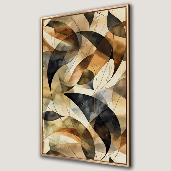 Framed Wall Art featuring an abstract geometric design in earthy tones of brown, beige, and black. Modern art for your home decor.