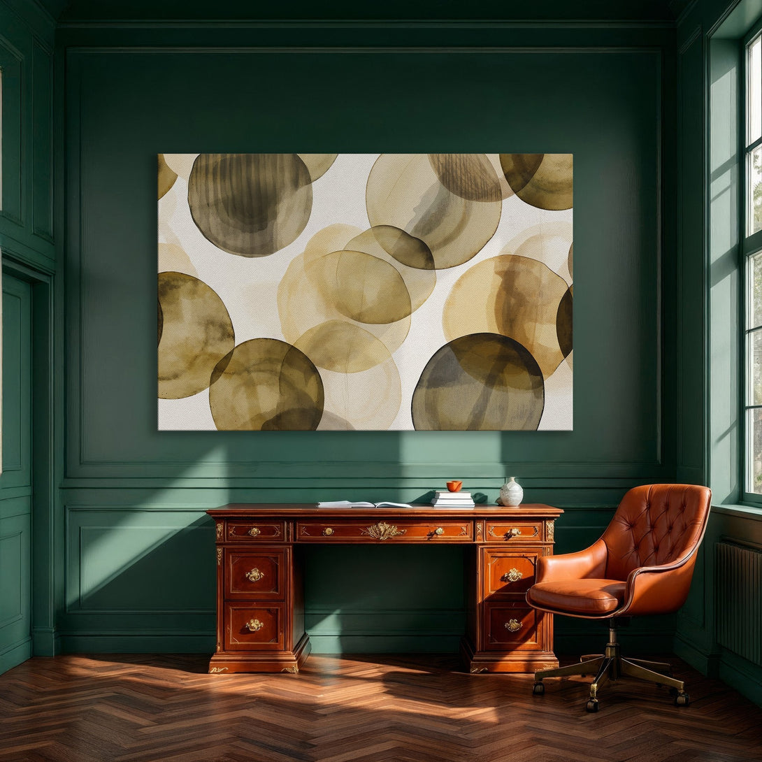 Framed Wall Art featuring abstract watercolor circles in warm, neutral tones. Perfect for adding a touch of modern elegance to any dining room.