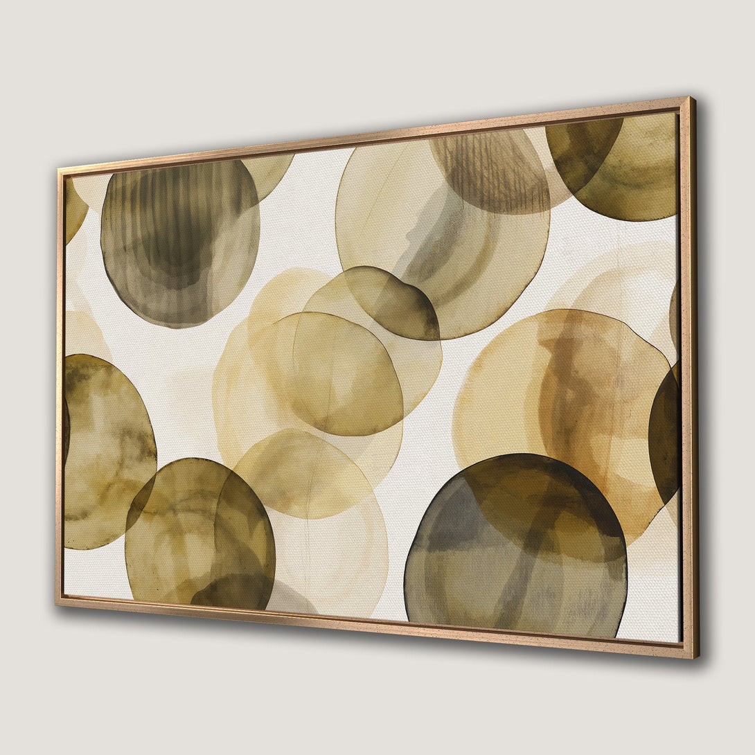 Framed Wall Art featuring abstract watercolor circles in earthy tones. Modern Canvas Print with a warm, neutral color palette for any decor.