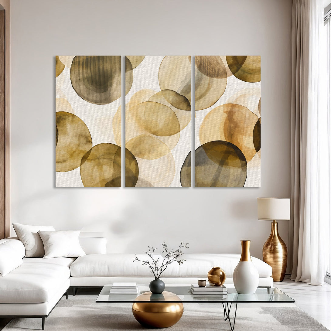 Abstract Canvas Print in warm neutral tones. Modern wall art featuring overlapping circles in beige, brown, and gold hues, perfect for any interior.