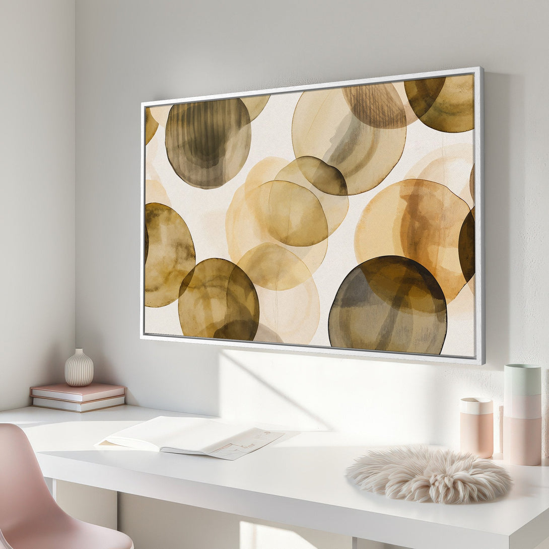 Framed Wall Art featuring abstract watercolor circles in warm, earthy tones. Modern art for home decor, adding a touch of sophistication.