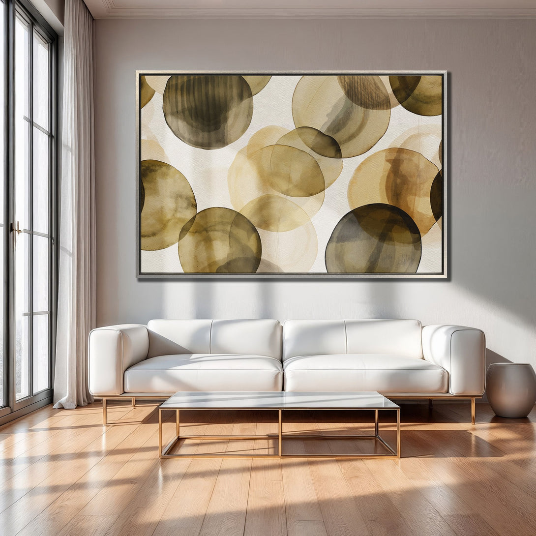Framed Wall Art featuring abstract watercolor circles in earthy tones. Modern art print perfect for living room decor.