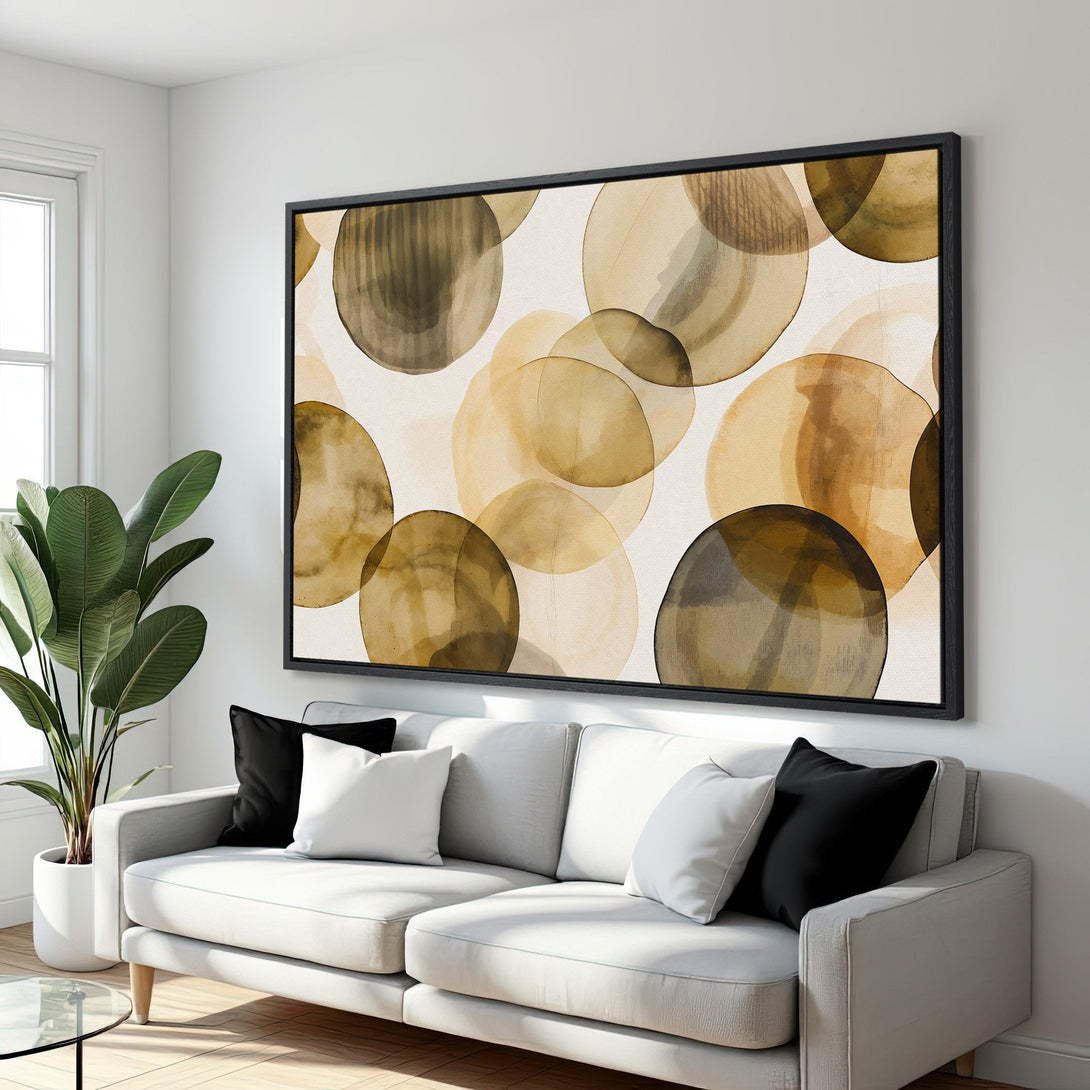 Framed Wall Art featuring abstract circles in warm neutral tones. Modern art for living room decor. Earthy color palette, perfect for a minimalist aesthetic.