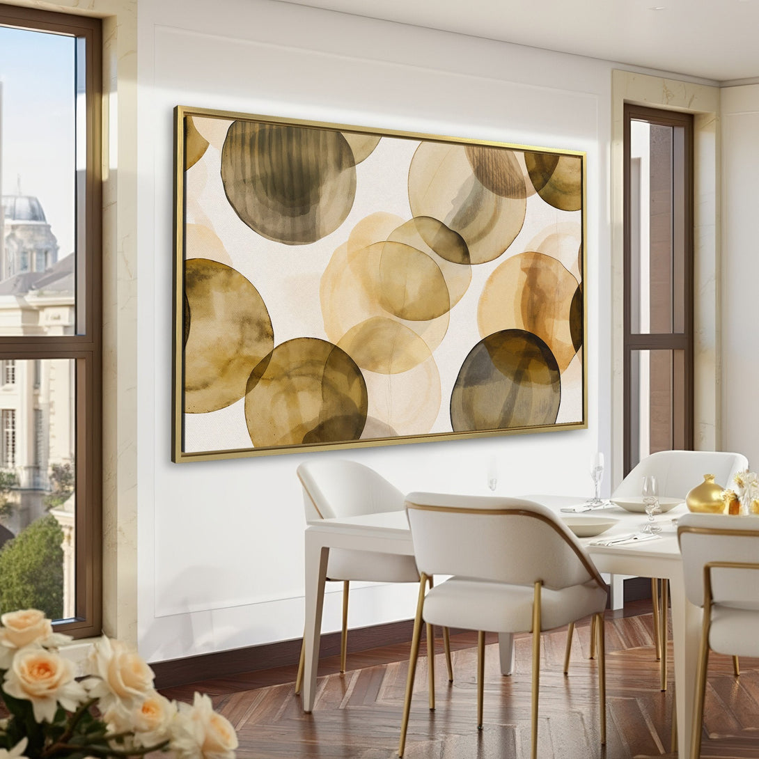 Canvas Print of abstract watercolor circles in earthy tones, displayed in a stylish, emerald green interior. Perfect for modern home decor.