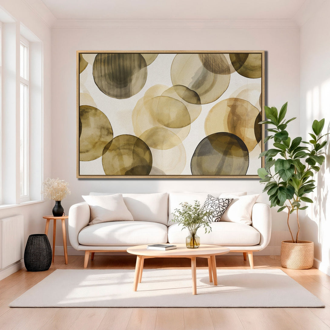 Framed Wall Art: Abstract watercolor circles in earthy tones. Modern art canvas print adds a touch of elegance to any living room.
