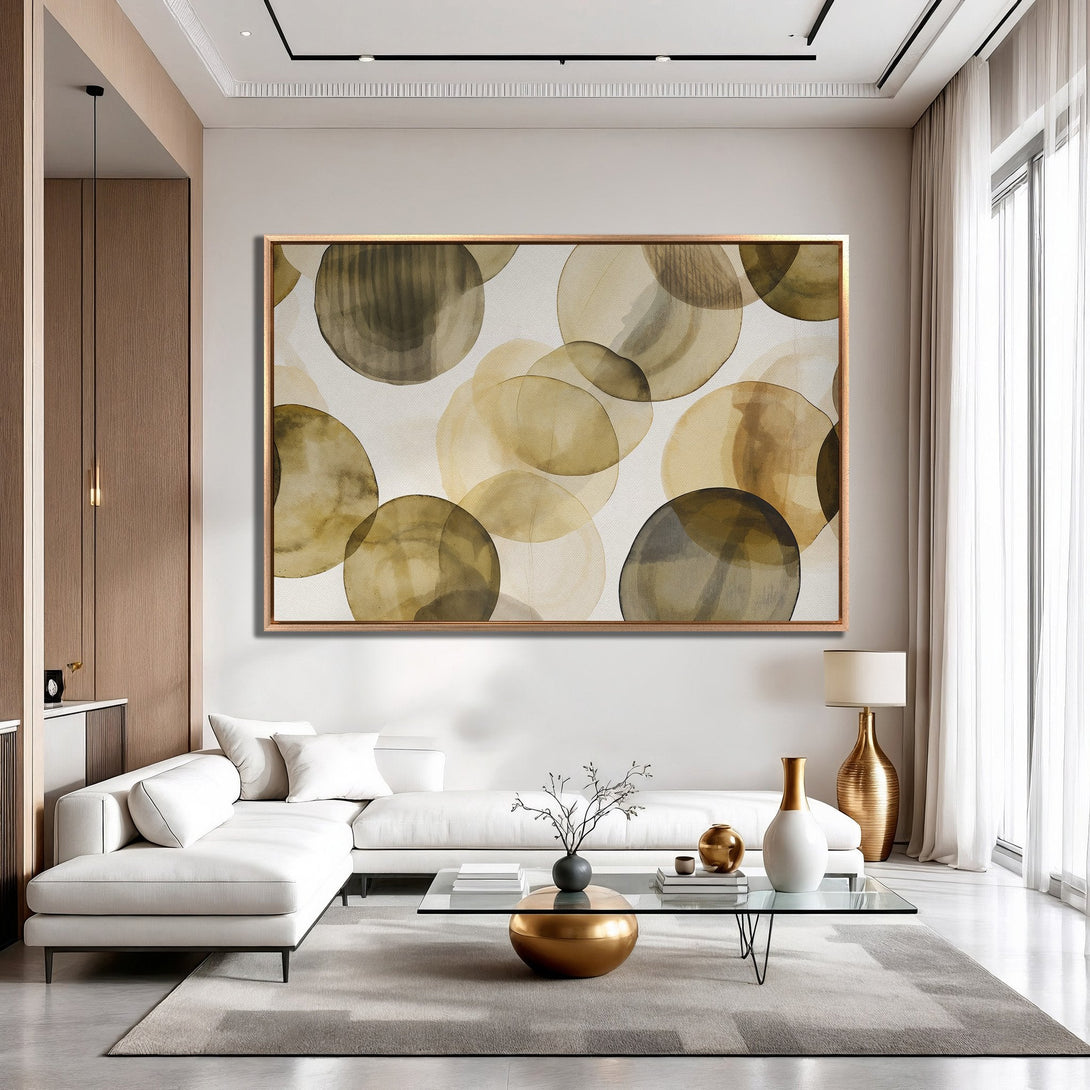 Framed Wall Art featuring abstract watercolor circles in earthy tones, perfect for modern living room decor. Enhance your space with this stylish artwork.