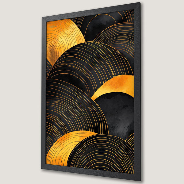 Framed Poster featuring abstract gold and black art. Modern design with a striking color palette for stylish home decor.