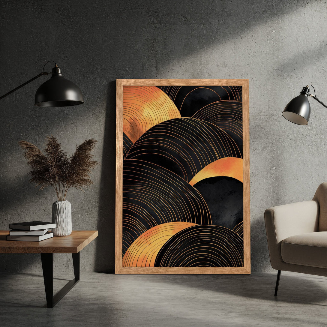 Framed Poster featuring abstract black and gold art. Modern style, warm color palette. Perfect wall decor!
