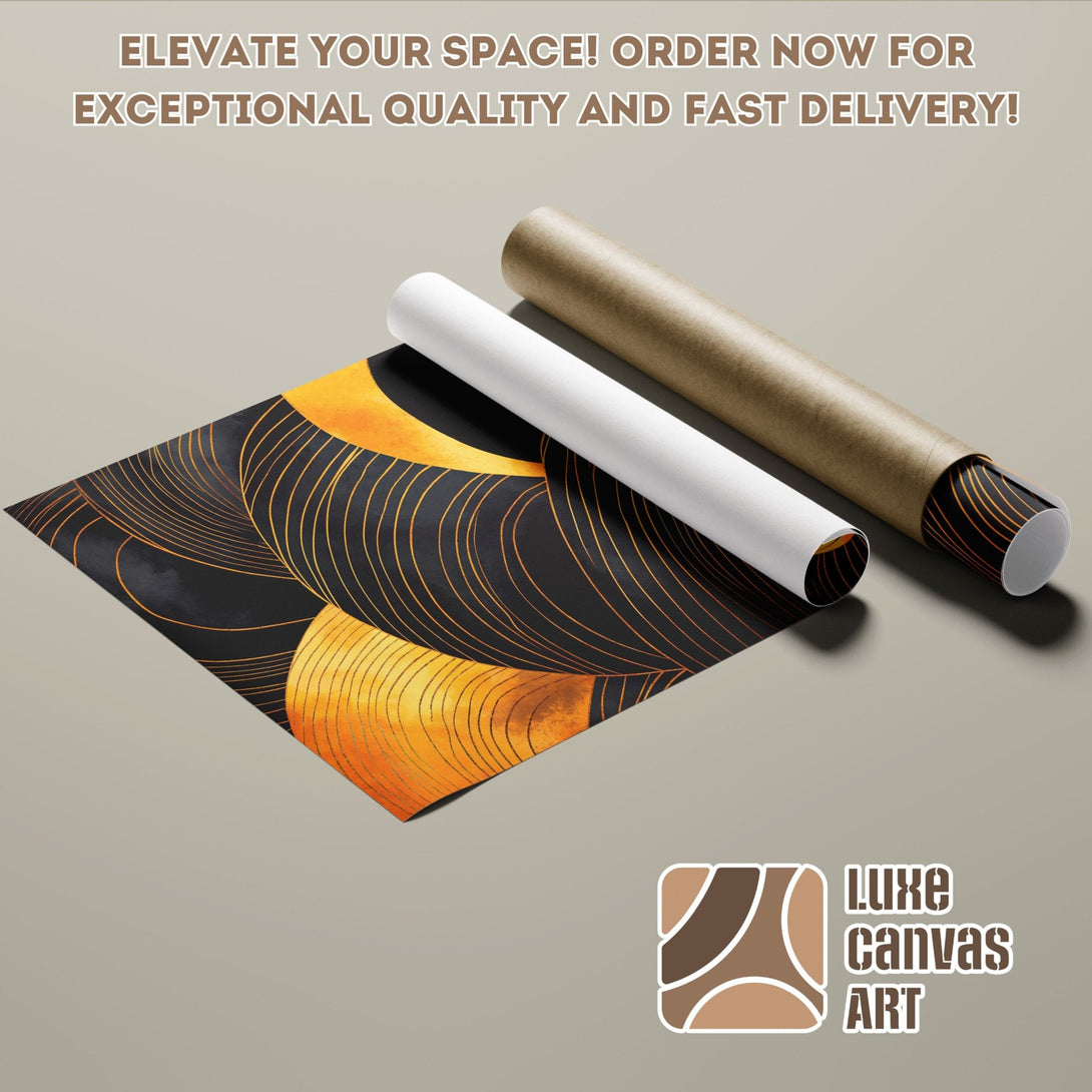 Abstract art Poster Roll in black, orange, and gold. Elevate your space today!