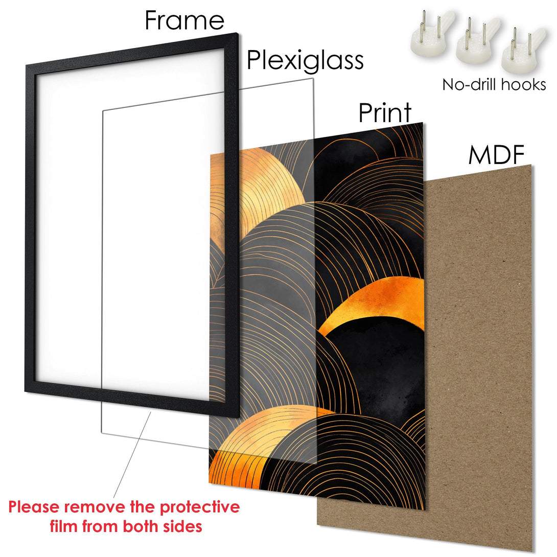 Framed Poster featuring an abstract design in gold, black, and orange. Modern art print for your home!