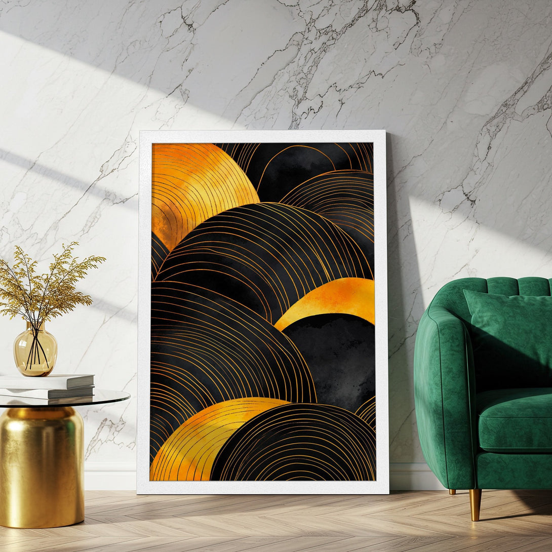 Framed Poster featuring an abstract design with gold and black hues. Modern art style, perfect for home decor.