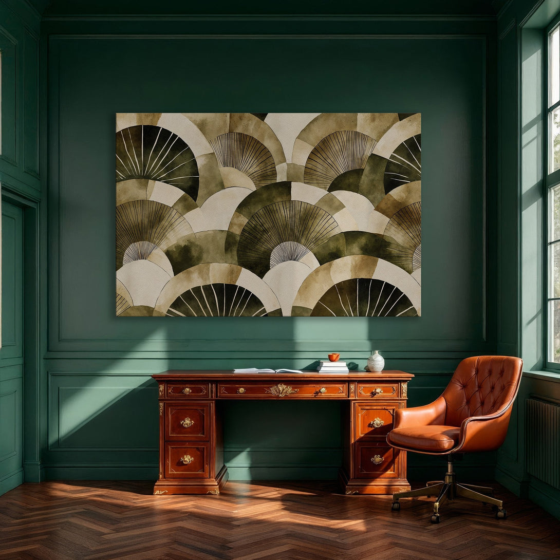 Framed Wall Art: Abstract fan design in neutral tones. Modern canvas print adds elegance to dining room decor. Earthy color palette.