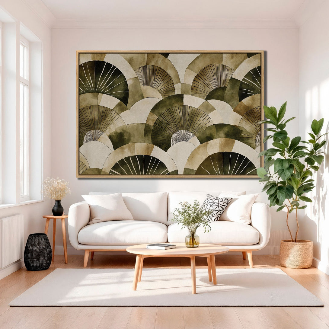 Framed Wall Art featuring an abstract fan design in earthy tones. Modern art print perfect for living room decor.
