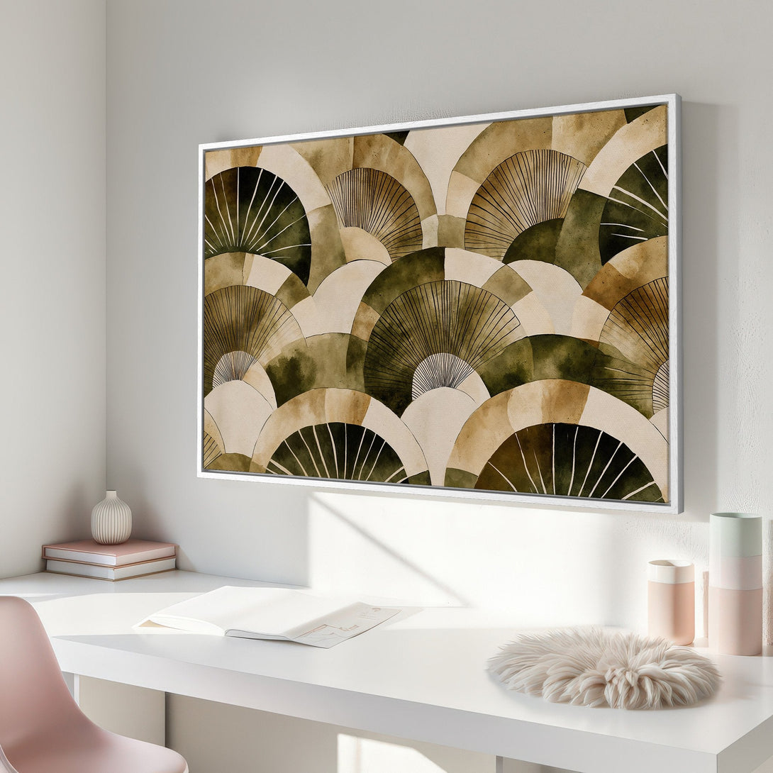 Framed Wall Art: Abstract fan pattern in earthy tones. Modern art print with a neutral color palette, perfect for any interior design style.