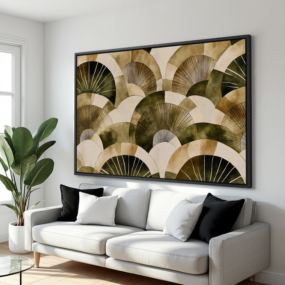 Framed Wall Art: Abstract fan design in earthy tones. Modern canvas print adds a touch of elegance to any living room. Shop now!