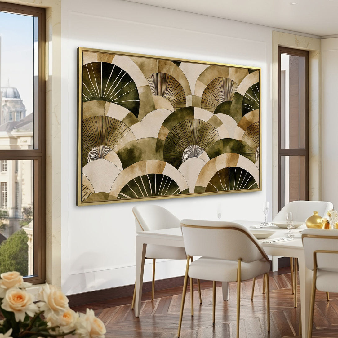 Canvas Print featuring abstract fan design in muted green and brown tones, perfect for adding a touch of elegance to any interior.