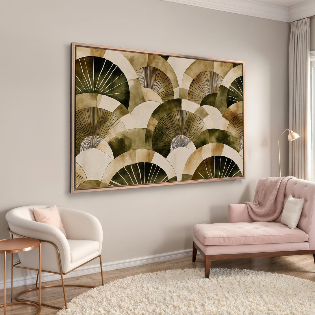 Framed Wall Art: Abstract fan design in earthy tones. Modern Canvas Print adds a touch of elegance to any living room. Warm color palette.