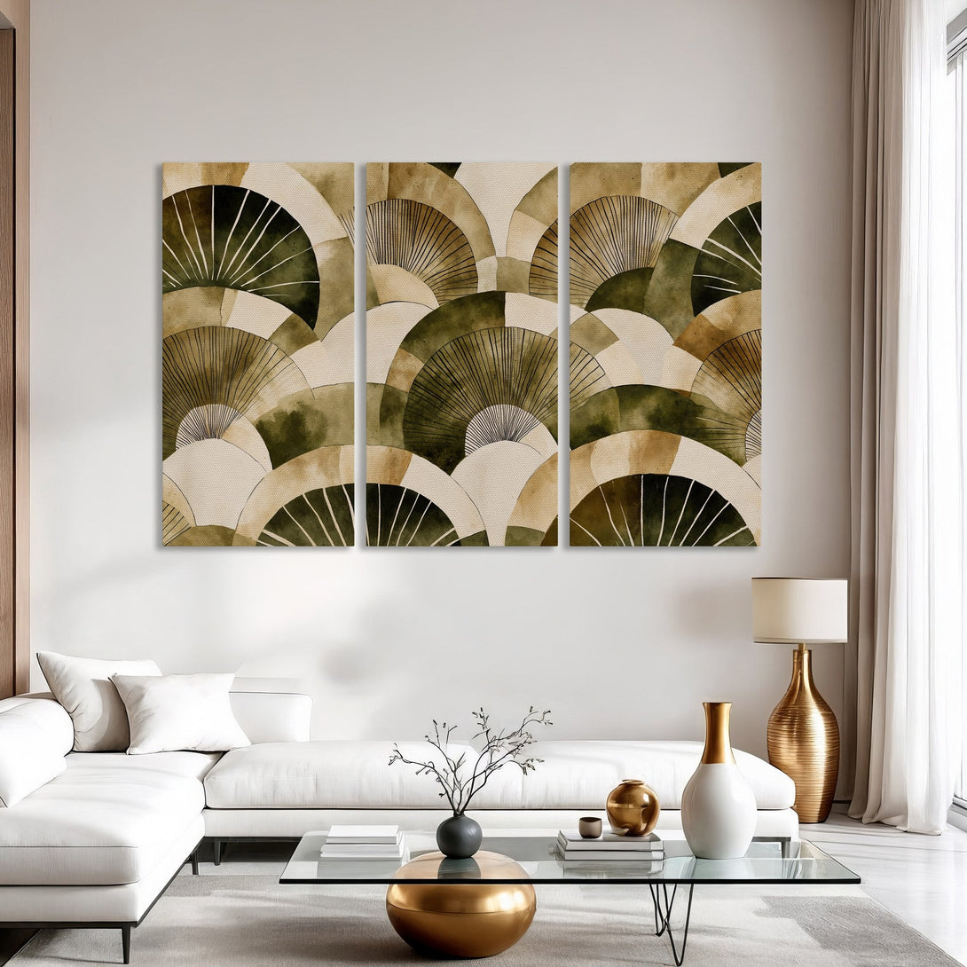 Canvas Print featuring an abstract fan design in a neutral palette of greens, browns, and creams, perfect for modern home decor.