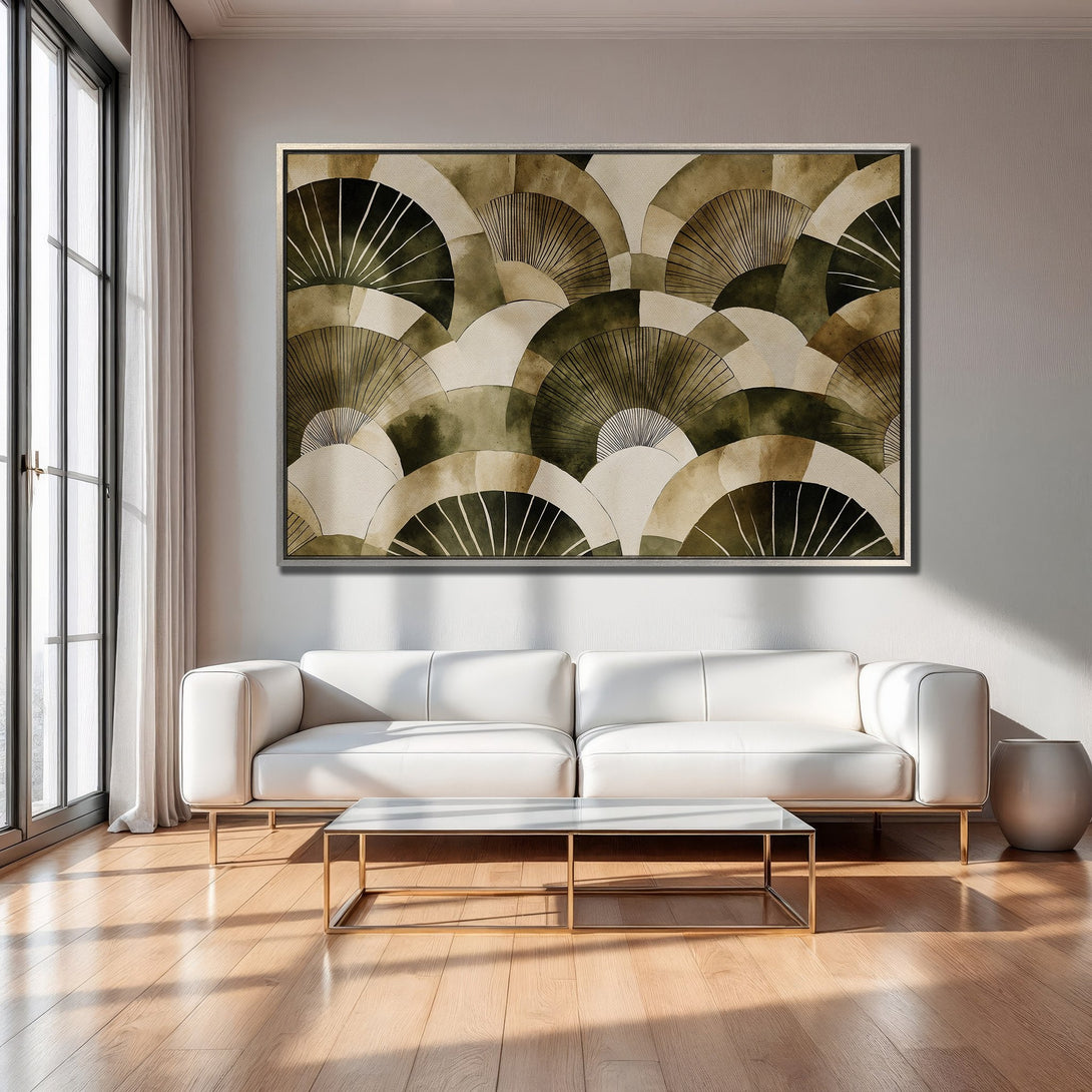 Framed Wall Art: Abstract fan design in neutral tones. Modern art print with a calming green, beige, and brown color palette. Perfect for living room decor.