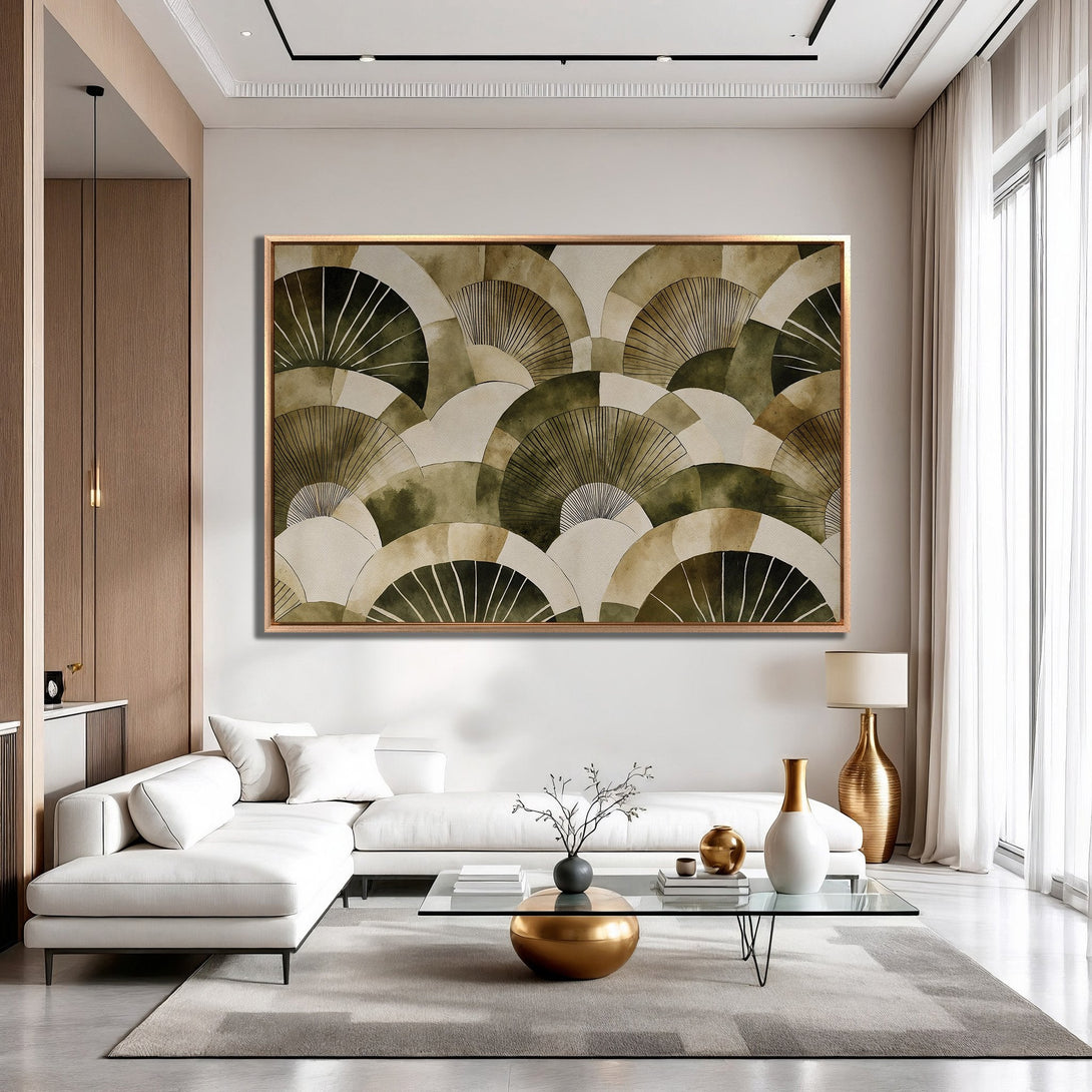Framed Wall Art: Abstract fan design in olive green and beige tones. Modern art print perfect for living room decor. Shop now!