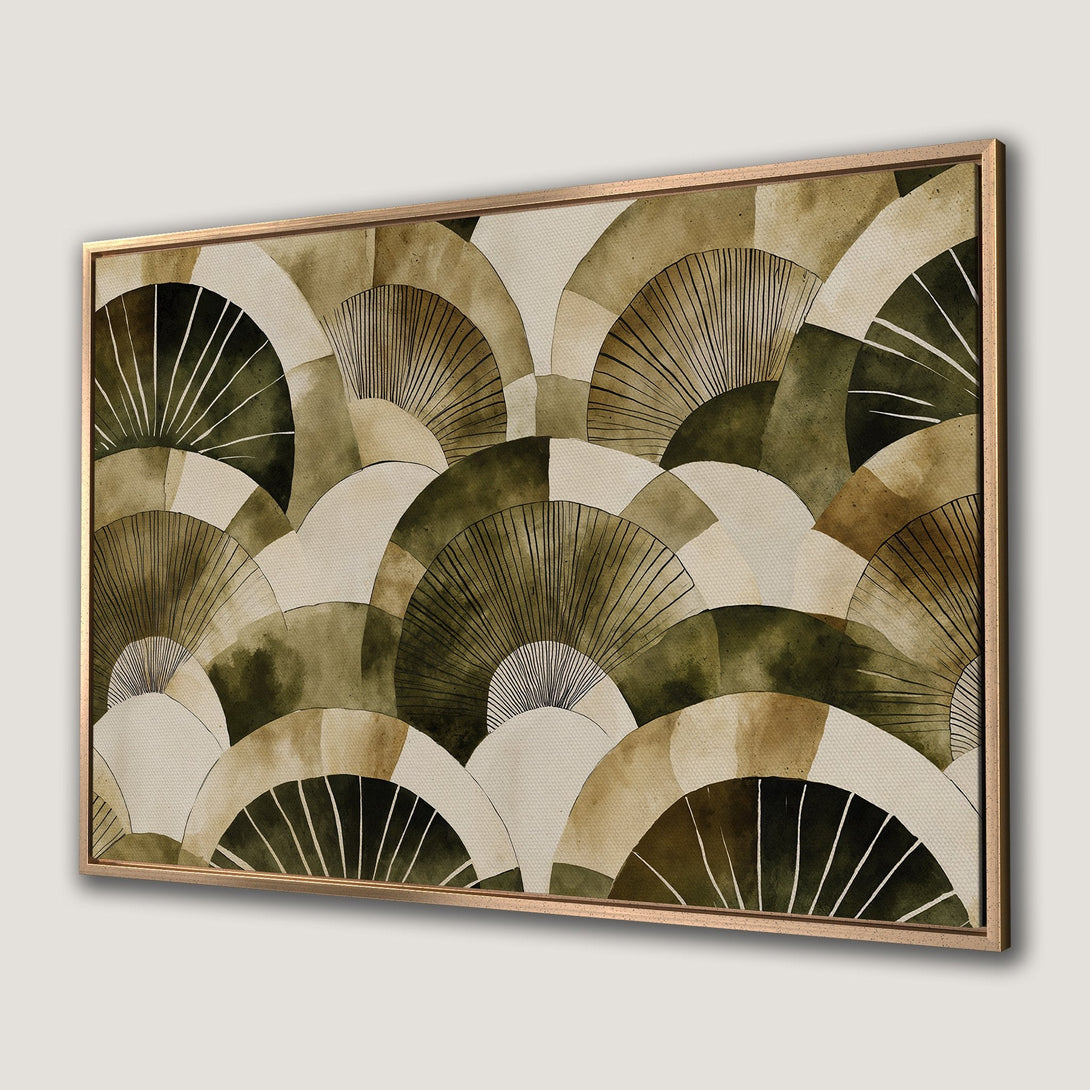 Framed Wall Art featuring an abstract fan design in earthy tones of green, beige, and brown. Perfect for adding a touch of modern elegance to any space.